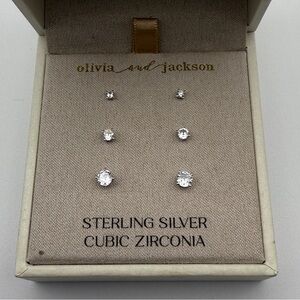 Olivia and Jackson Sterling Silver Cubic Zirconia 3-Pair Stud Earring Set w/ Box